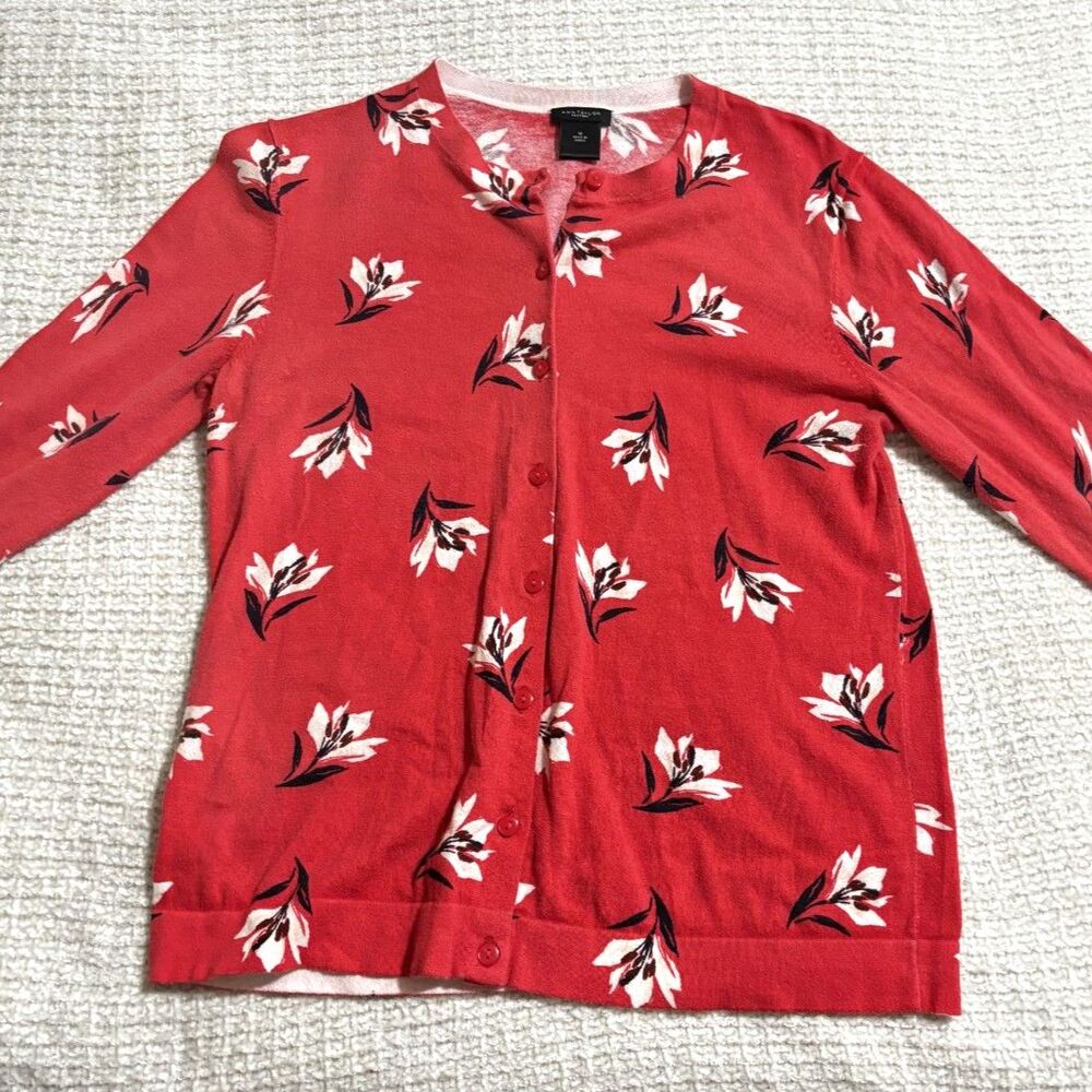 Ann Taylor Factory Floral Cardigan M Red Button Front Spring Layering Sweater